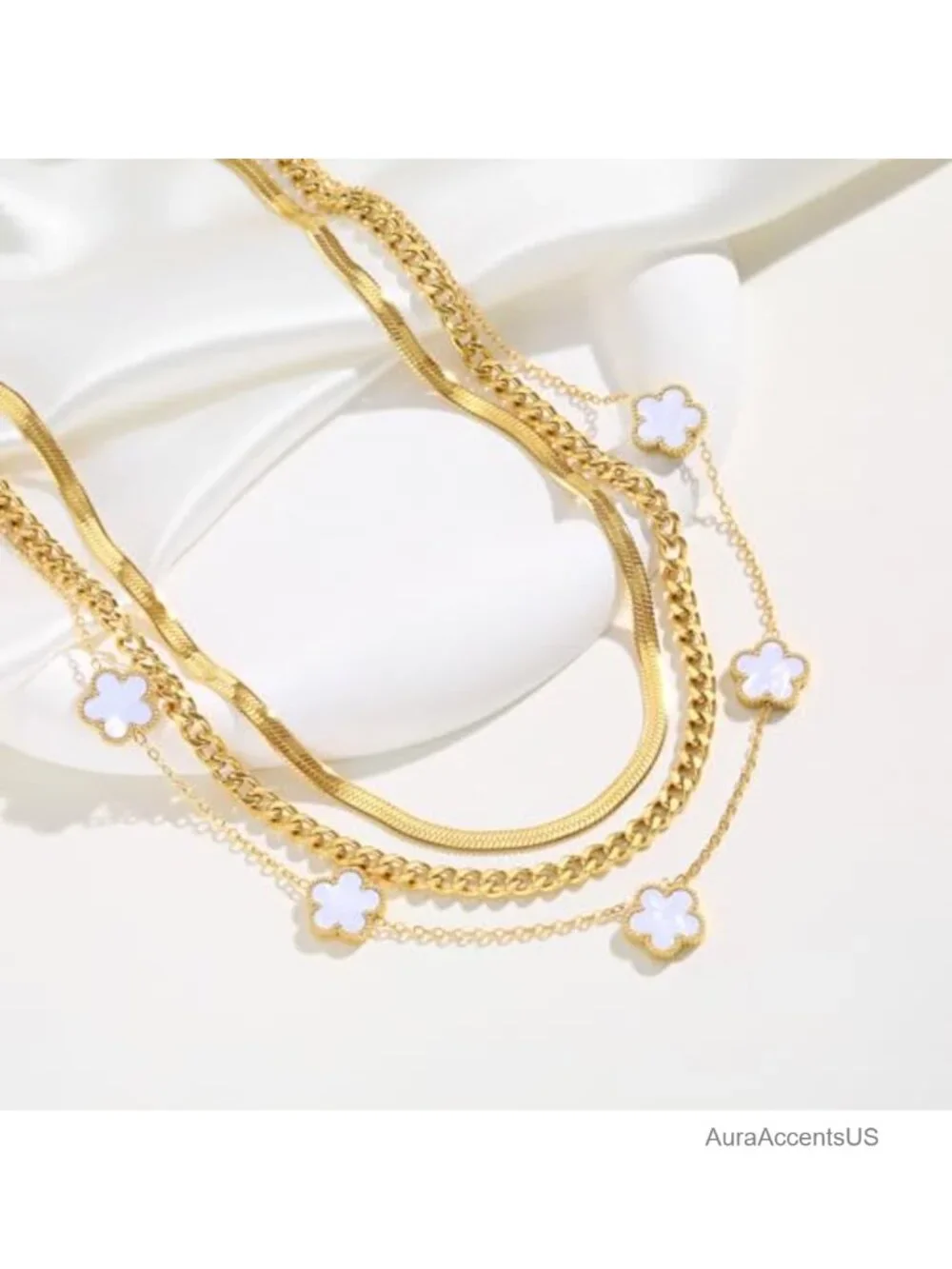 3Pcs 18K Gold Plated Layered Necklace Set, Stainless Steel Cuban Link
